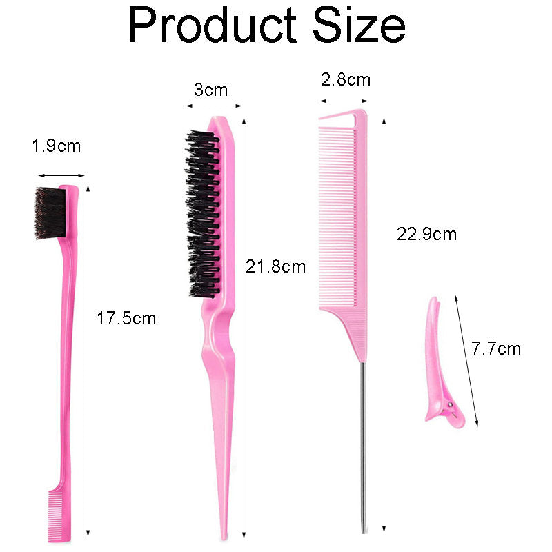 Beakey 12 Pcs Hair Brush with Rat Tail Combs Duckbill Clips for Women Girls-Pink
