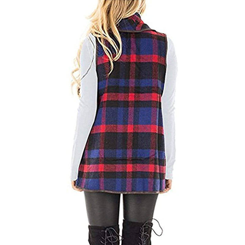 Beakey Womens Casual Lapel Open Front Plaid Vest Cardigan with Pockets-Blue