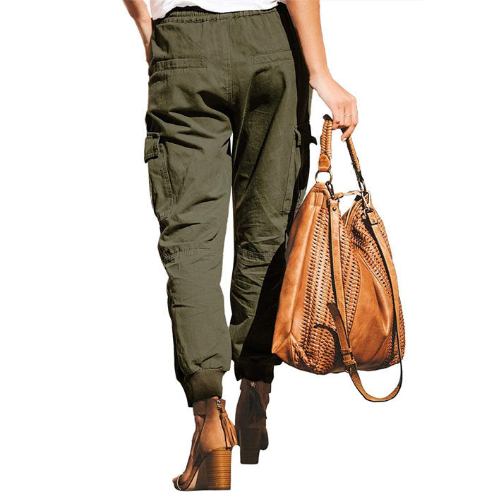Beakey Women's Fashion Waist Cargo Pants Drawstring Trousers with Pockets-Green-D29