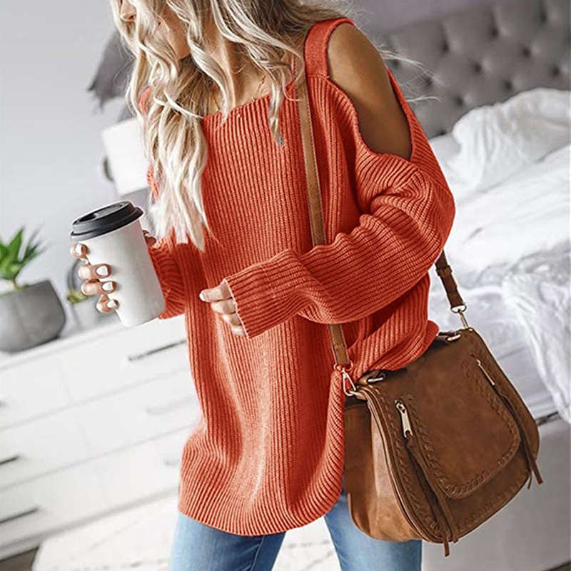 Beakey Womens Off Shoulder Oversized Sweater Fashion Knit Tunic Tops-Orange