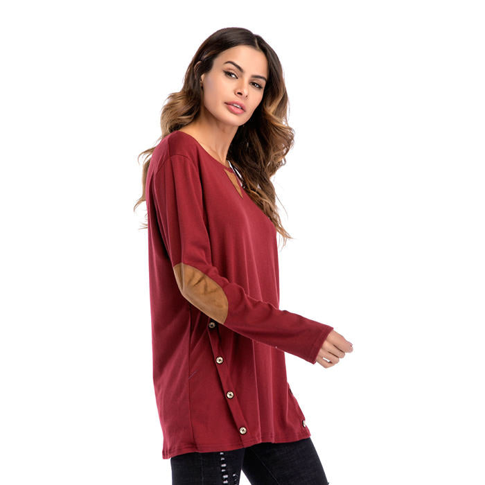 Beakey Women's Long Sleeve Double-breasted Buttons Casual Blouse Tunic Shirt Tops-Wine Red-1025