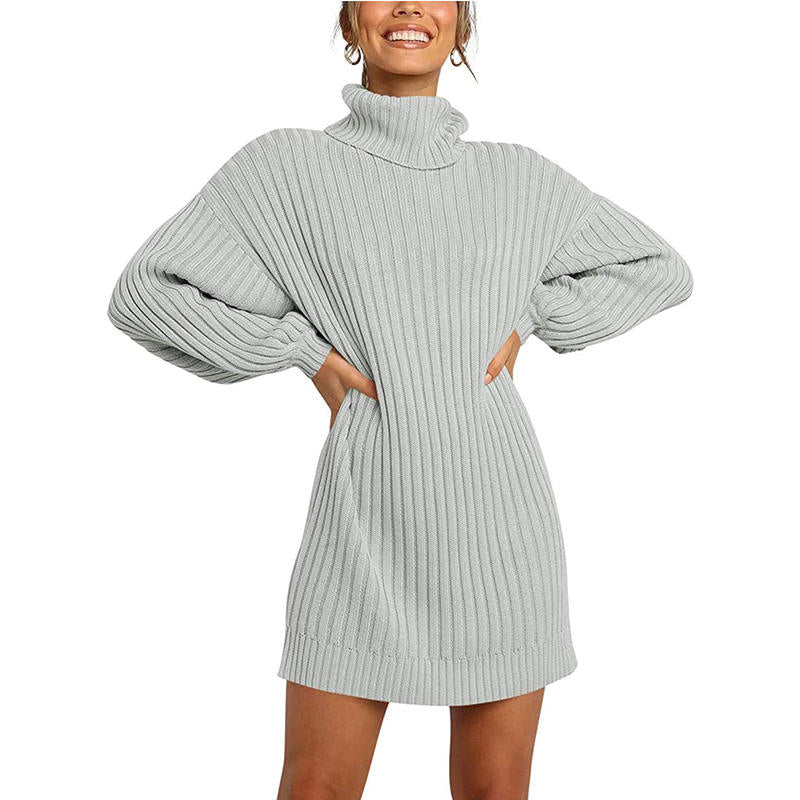 Beakey Womens Turtleneck Loose Sweater Dress Soft Winter Pullover Dress-Grey