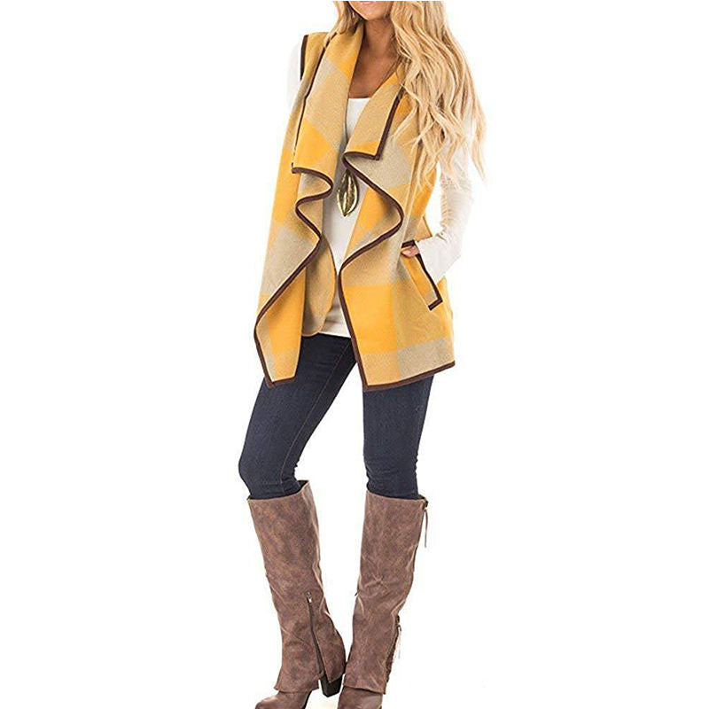 Beakey Womens Casual Lapel Open Front Plaid Vest Cardigan with Pockets-Yellow