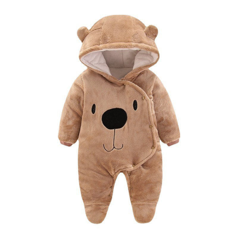 Beakey Cute Bear Hooded Snowsuit for Baby Button Footie Fleece Jumpsuit-Brown