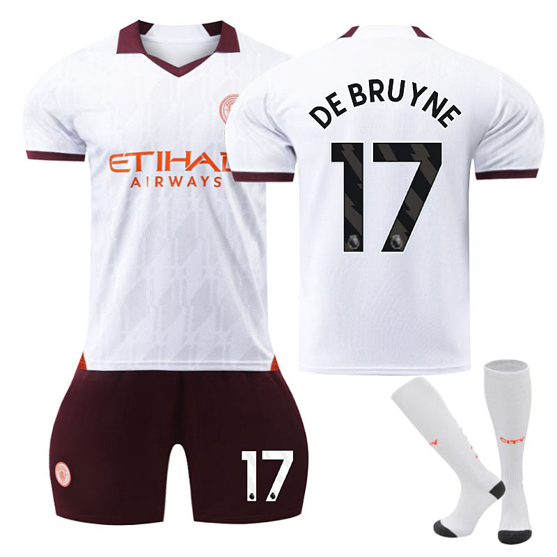 Beakey Manchester City Away Jersey DE BRUYNE #17 Soccer Jersey Kids Adult 3Pcs Jersey Kits-Brown