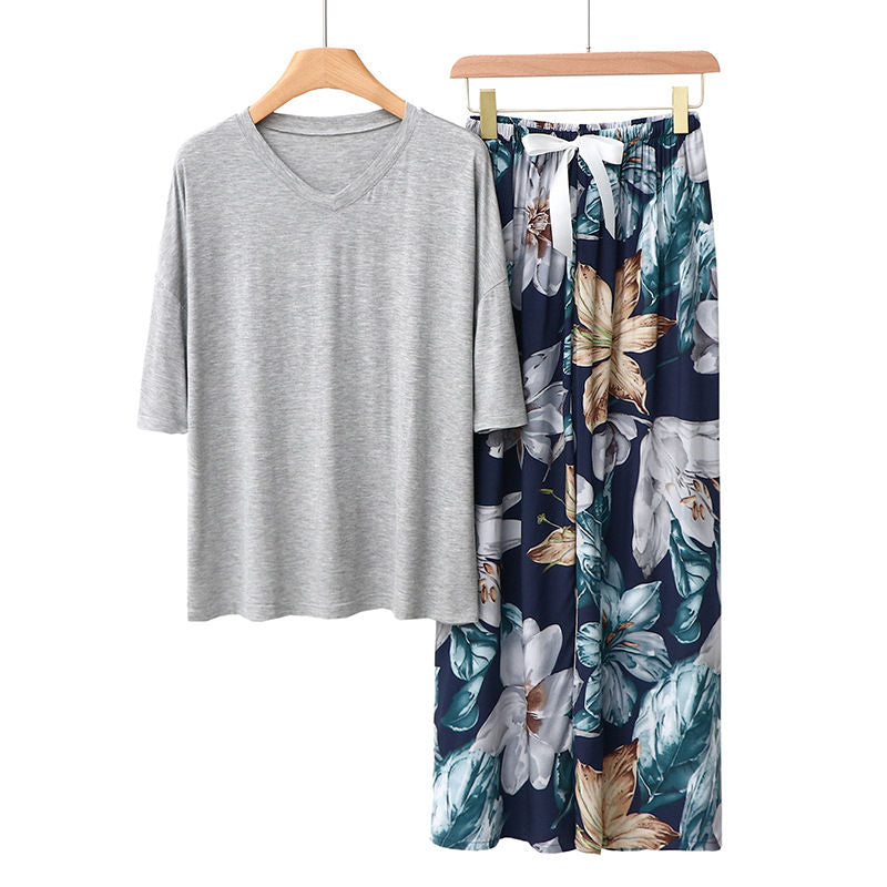 Beakey Womens Pajama Set Print Sleepwear Soft V-Neck Short Sleeve Top With Pants-10