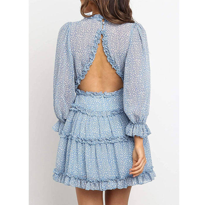 Beakey Womens Spring Summer Deep V Neck Ruffle Long Sleeve Mini Dress-Sky Blue-LC220829-1