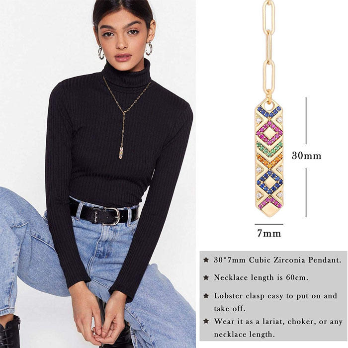 Beakey Simple Cute Long Pendant Necklace Oval Link Choker Double Layer Jewery-Long CZ Pendant-GL-0092A