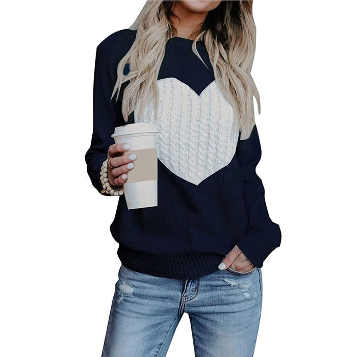 Beakey Women Cute Sweaters Heart Crewneck Long Sleeve Knitted Pullover Sweater-Navy-118004