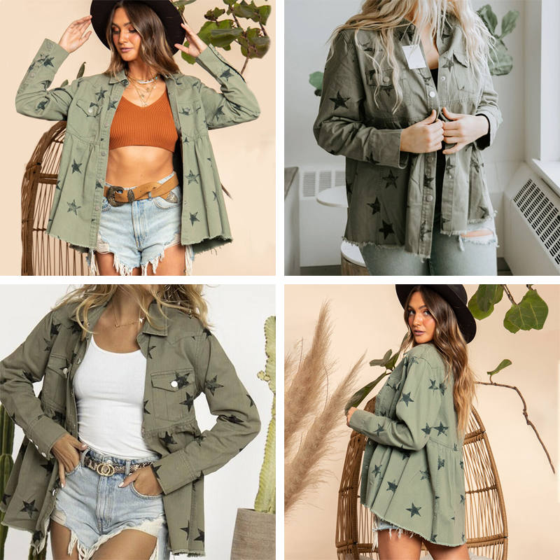 Beakey Star Print Jacket for Women Frayed Hem Distressed Denim Coat-Green