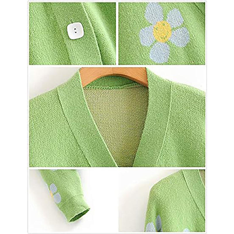 Beakey Womens Flower Cardigan V Neck  Button Down Open Front Sweater-Green