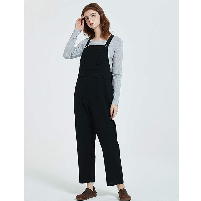 Beakey Women's Casual Baggy Cotton Linen Jumpsuit Overalls With Pockets-Black-5859