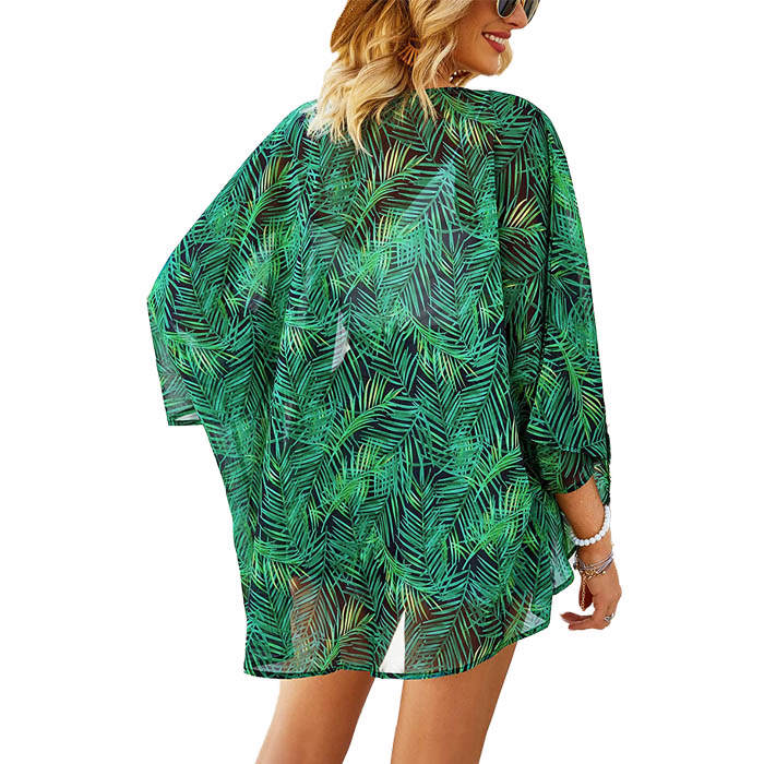 Beakey Women's Summer Floral Print Kimonos Loose Half Sleeve Chiffon Cardigan Blouses Casual Cover Up - Green Leaf