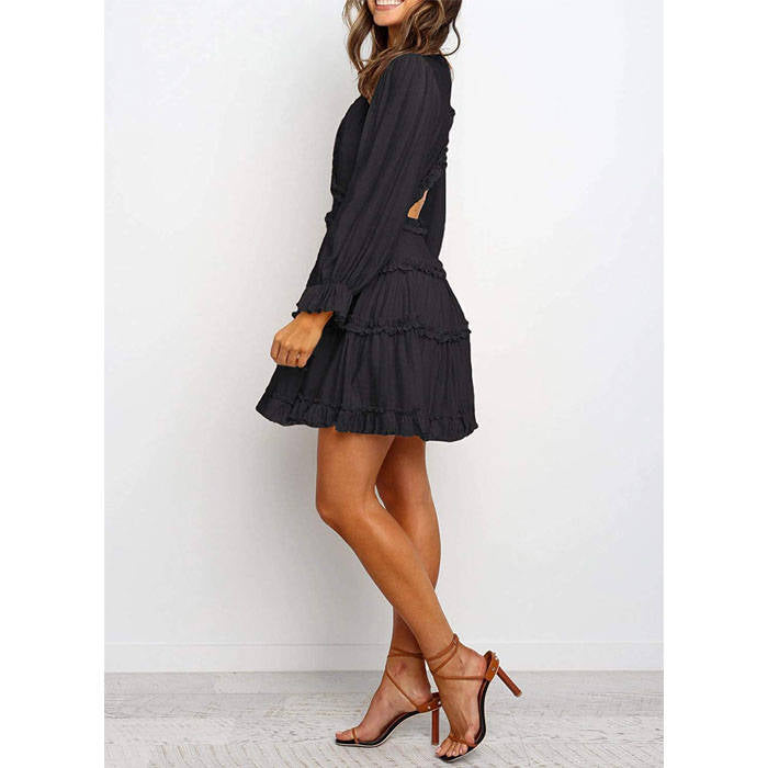 Beakey Womens Spring Summer Deep V Neck Ruffle Long Sleeve Mini Dress-Black-221766
