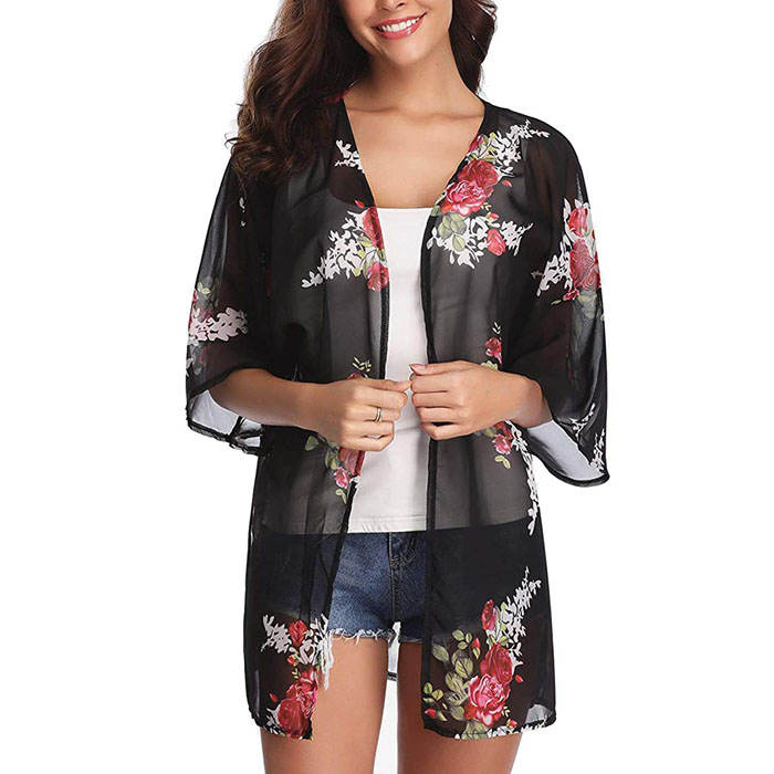 Beakey Women's Summer Floral Print Kimonos Loose Half Sleeve Chiffon Cardigan Blouses Casual Cover Up - Black Flower