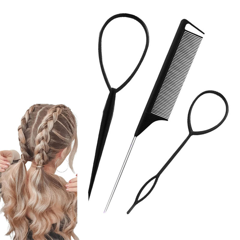 Beakey 2 Pcs French Braid Loop + 1 Pcs Rat Tail Comb for Hair Styling-Black