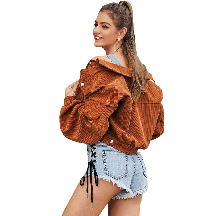 Beakey Women's Lantern Sleeve Button Up Corduroy Jacket Coat-Brown-H52-1029