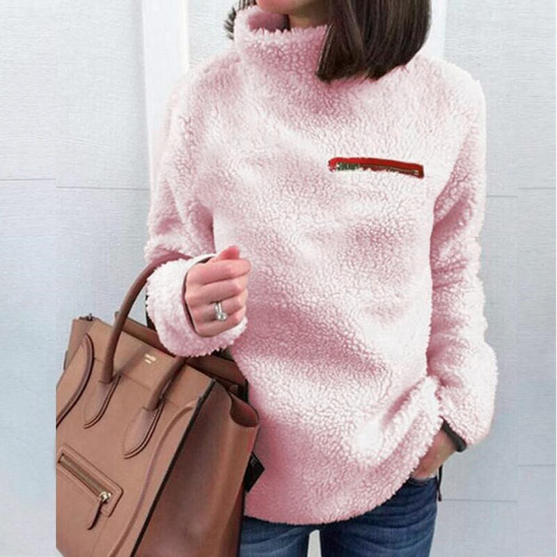 Beakey Womens Turtleneck Sweatshirt Winter Faux Fuzzy Sherpa Pullover-Pink