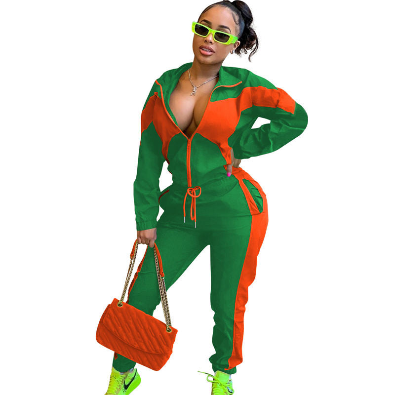 Beakey Womens Windbreaker Jacket Pants Colorblock Patchwork Tracksuit-Green