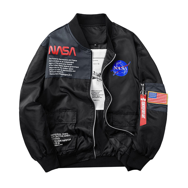 Beakey Mens Biker Flight Jacket Big Pocket Letter Print Windbreaker-Black