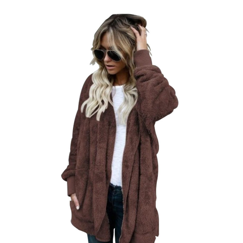 Beakey Womens Long Sleeve Fuzzy Fleece Jacket Hooded Cardigan Coat with Pockets-Coffee