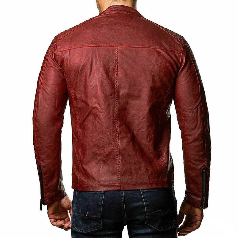 Beakey Mens Slim Fit Leather Jackets Stand Collar Zip Up Motorcycle Coat-Red
