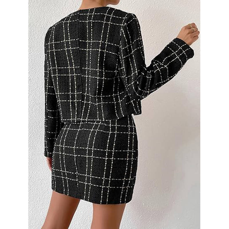 Beakey Elegant Outfit for Women Plaid Tweed Jacket + Bodycon Mini Skirt-Black
