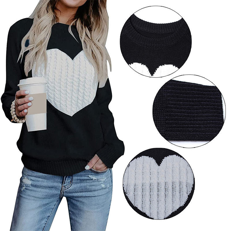 Beakey Women's Long Sleeve Pullover Sweater CrewNeck Cute Heart Knit Sweater-Black