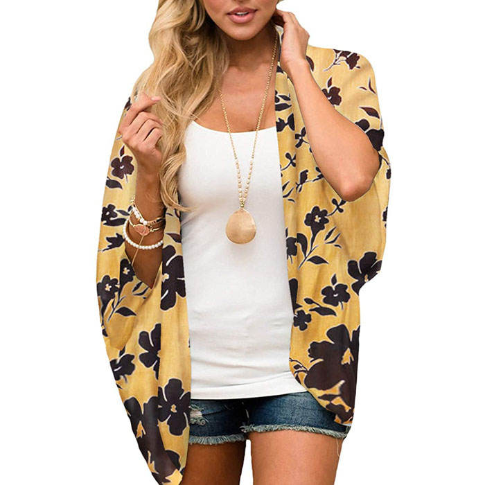 Beakey Women's Summer Floral Print Kimonos Loose Half Sleeve Chiffon Cardigan Blouses Casual Cover Up - Yellow Flower