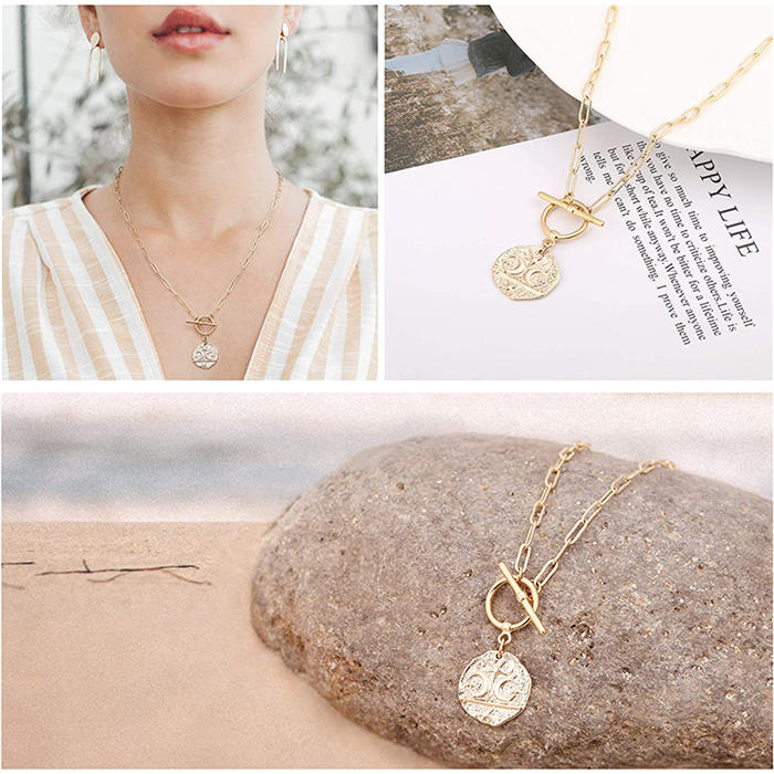 Beakey Simple Cute Long Pendant Necklace Oval Link Choker Double Layer Jewery-Stars And Moon1-GL-0023A