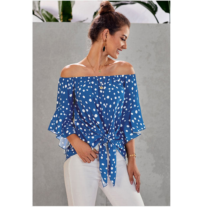 Beakey Womens Wave Point Off Shoulder Tops 3/4 Flared Sleeve Tops Casual Tie Knot-Sky Blue-LC252344