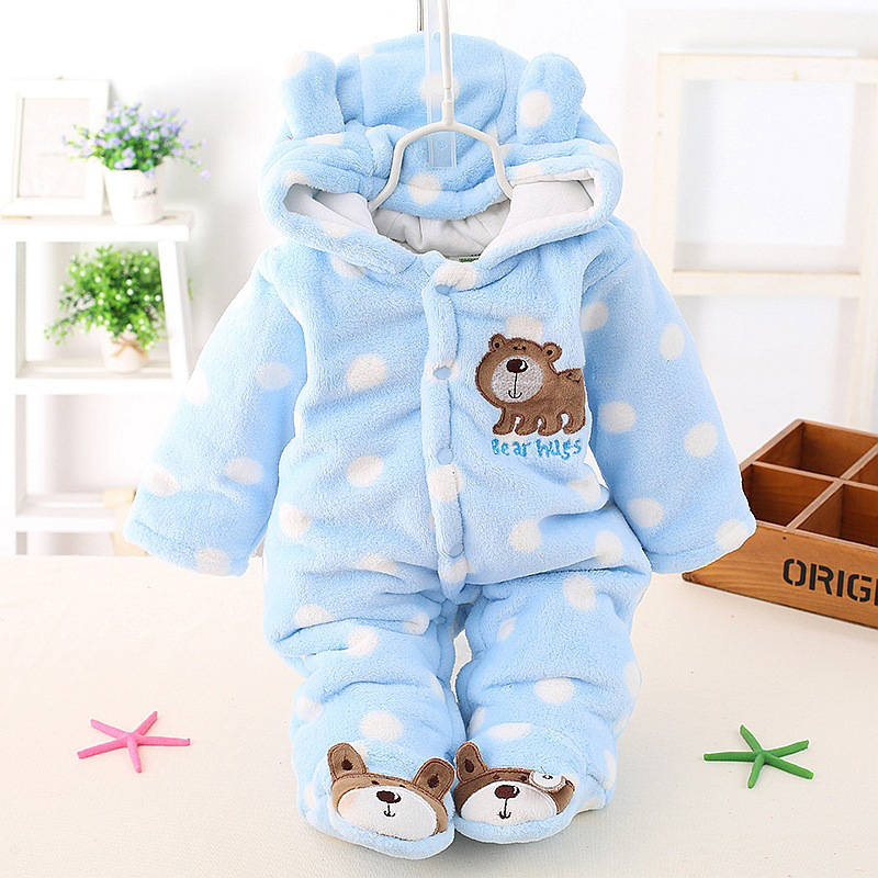 Beakey Newborn Flannel Jumpsuit with Hood Button Down Winter Rompers-Blue Dot
