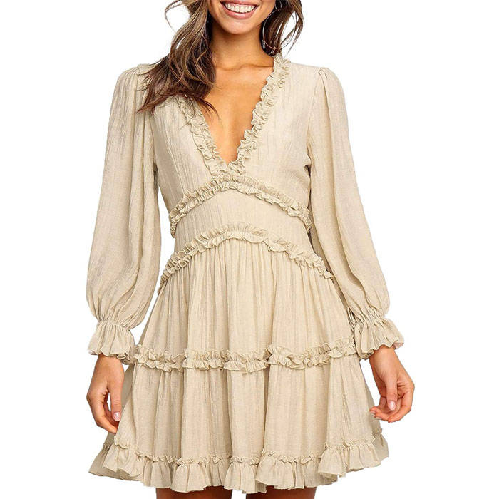 Beakey Womens Spring Summer Deep V Neck Ruffle Long Sleeve Mini Dress-Beige-221766