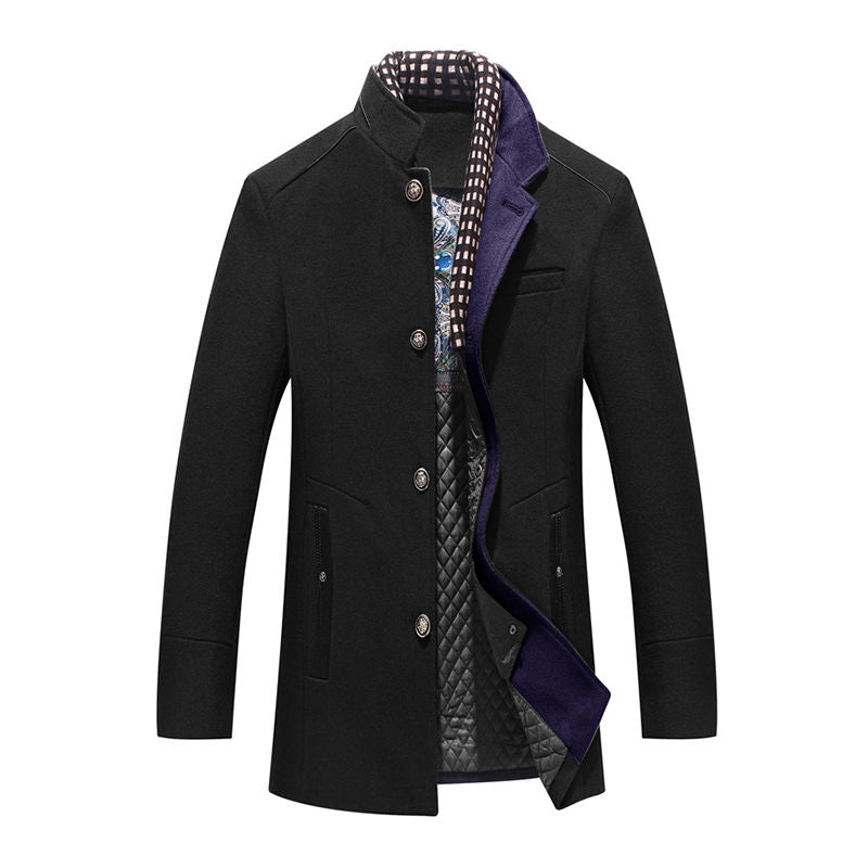 Beakey Mid Long Pea Coat for Men Single Breasted with Detachable Scarf-Black