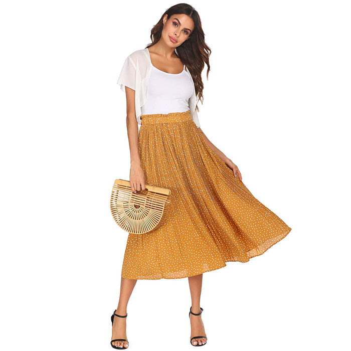 Beakey Womens High Waist Skirt Polka Dot Pleated Midi Maxi Swing Skirt High Elastic-Yellow-0387