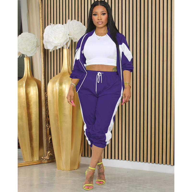 Beakey Womens Windbreaker Jacket Pants Colorblock Patchwork Tracksuit-Purple
