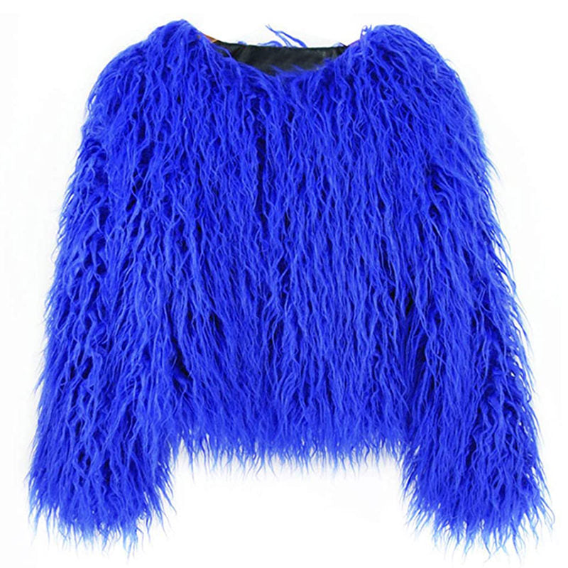 Beakey Womens Shaggy Faux Fur Outwear Short Thermal Coat-Royal Blue