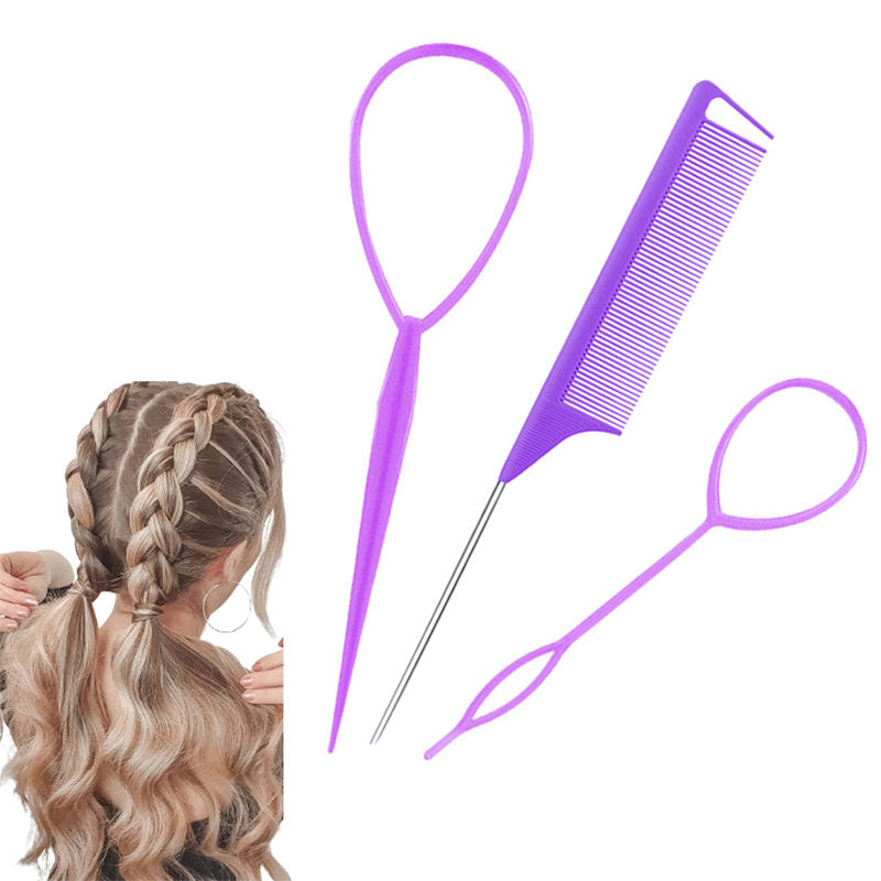 Beakey 2 Pcs French Braid Loop + 1 Pcs Rat Tail Comb for Hair Styling-Purple