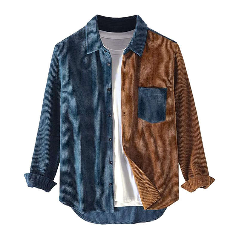 Beakey Mens Corduroy Shirt Patchwork Button Down Jacket with Chest Pocket-Blue