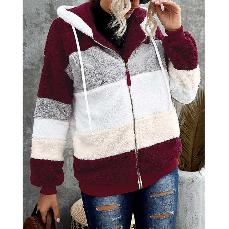 Beakey Womens Warm Plush Hooded Cardigan Full Zip Colorblock Jacket-Wine Red