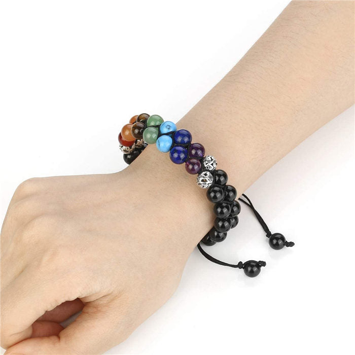 Beakey Bead Bracelet 7 Chakras Healing Crystals Bracelet Stone Beads Double Layer Bracelets-Black Agate Bracelet