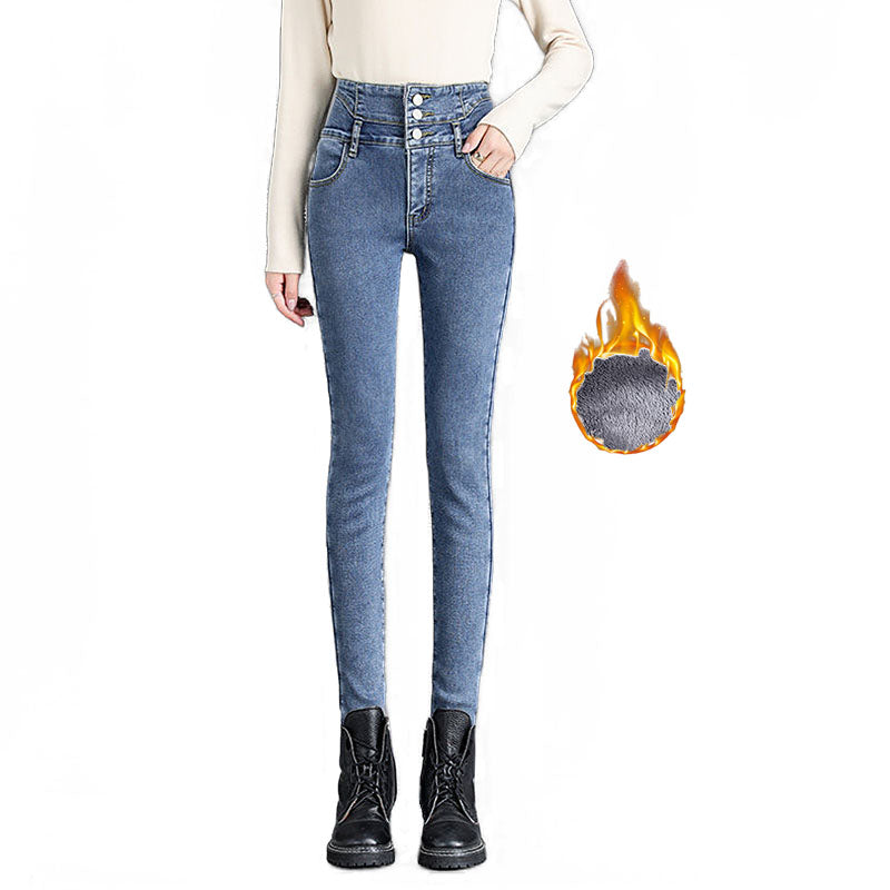 Beakey Womens Fleece Jeans Stretch Slim Fit High Waist Denim Pants-Retro Blue