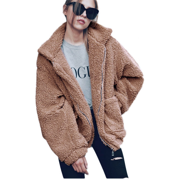 Beakey Women's Lapel Zip Up Coat Faux Shearling Shaggy Oversized  Jacket Warm Winter-Beige-T0647