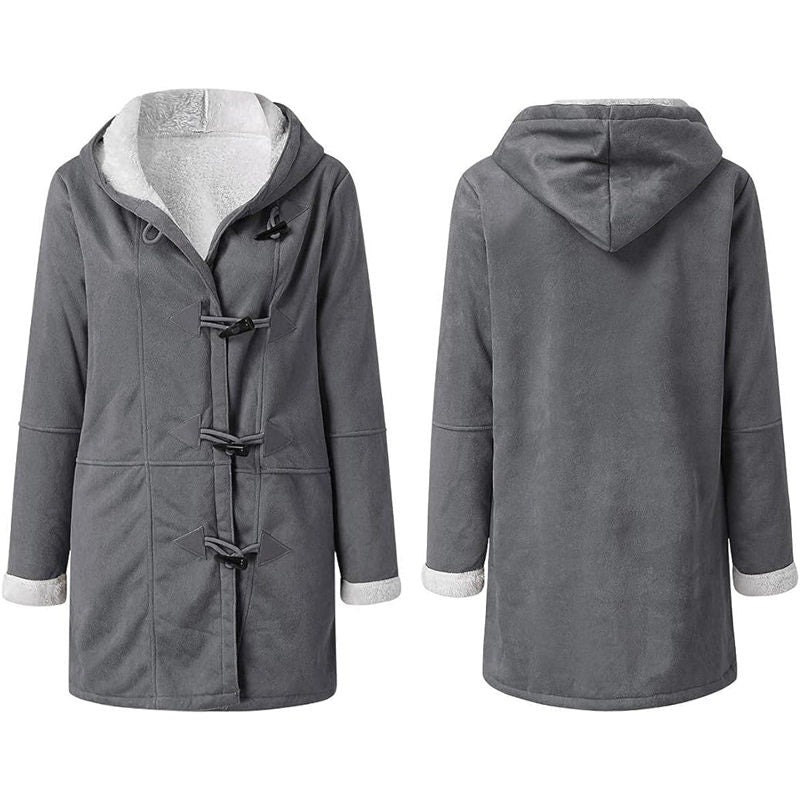 Beakey Fleece Jackets for Women Horn Button Winter Hooded Outwear-Grey