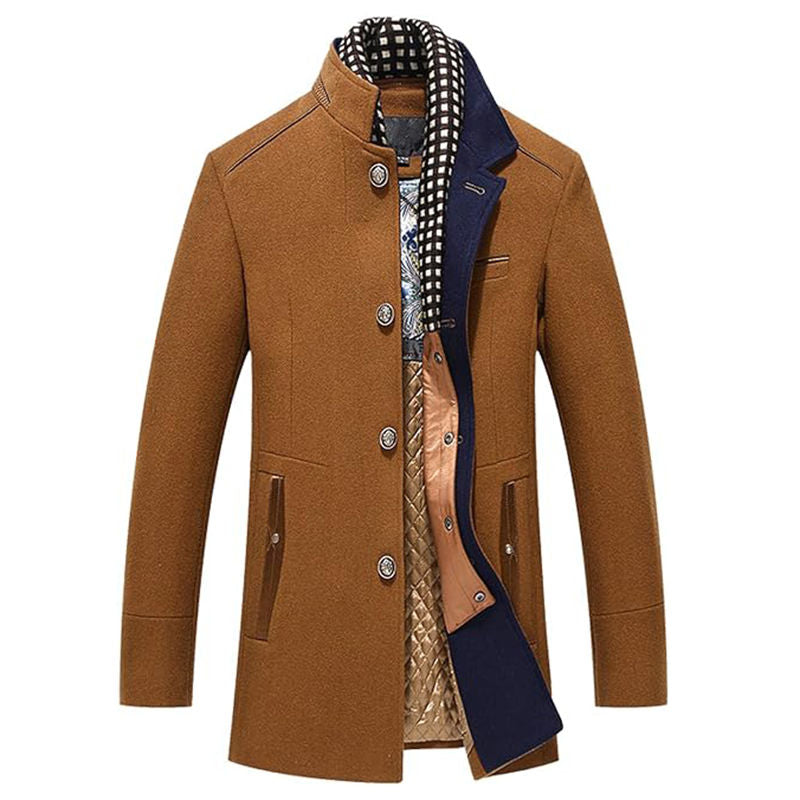 Beakey Mid Long Pea Coat for Men Single Breasted with Detachable Scarf-Yellow