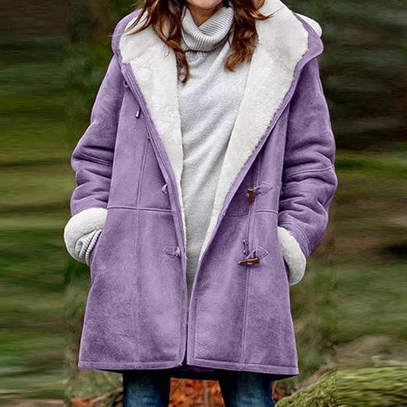 Beakey Fleece Jackets for Women Horn Button Winter Hooded Outwear-Purple