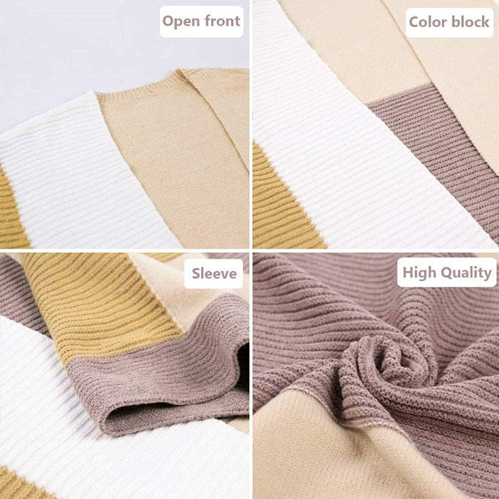Beakey Womens Color Block Cardigan Open Front Sweaters Loose Knit Casual Coat-Khaki-AL6009