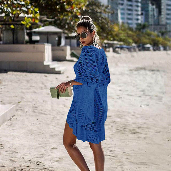 Beakey Women Beach Swimsuit for Women Flared Sleeves Coverups Bikini Loose Cover Up Net-Royal Blue