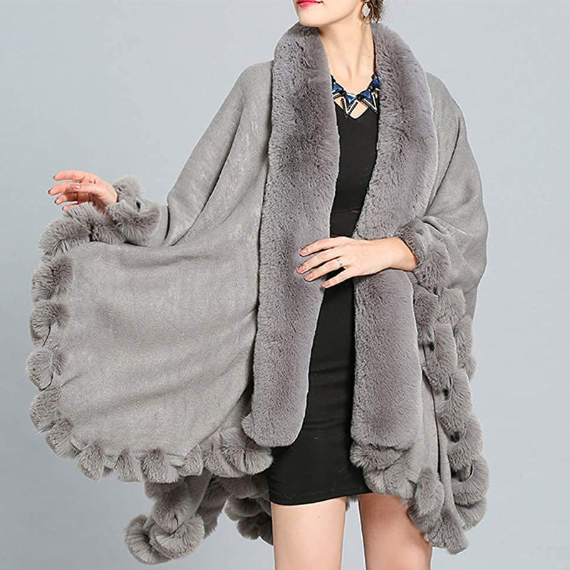 Beakey Womens Faux Fox Fur Trim Cardigan Shawl Oversized Cape-Light Grey