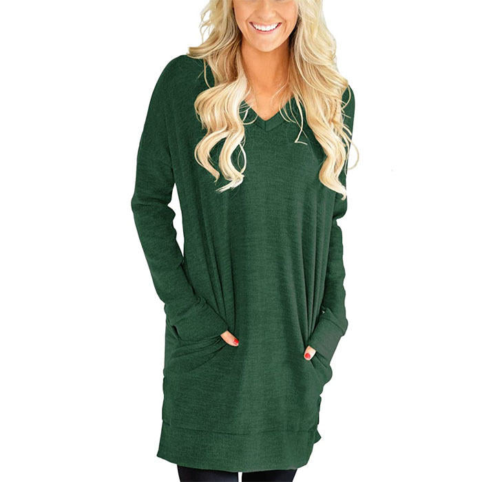 Beakey Womens Casual V Neck Long Sleeves Pocket Solid Color Sweatshirt Split Tops-Green-W0083
